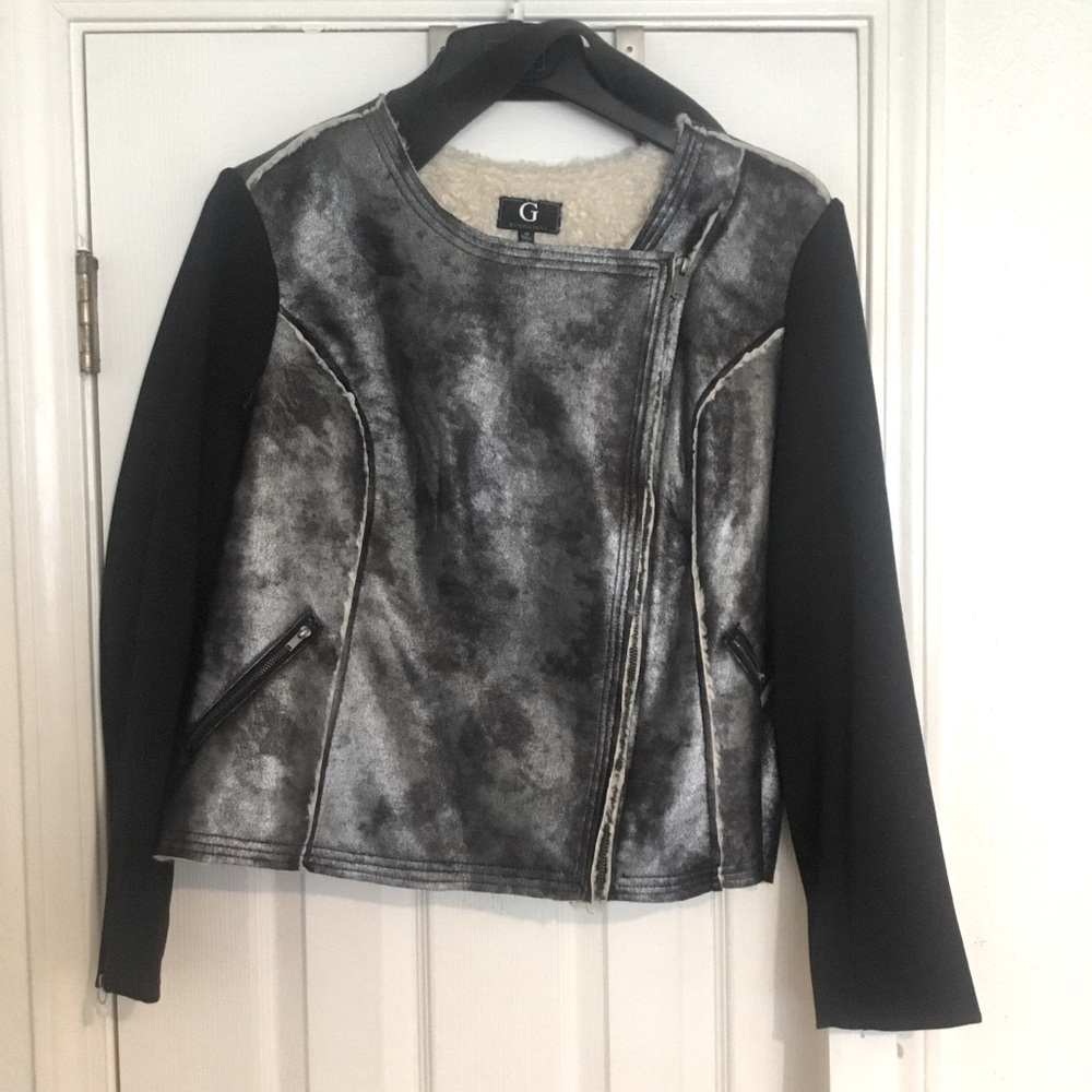 NWT By Giuliano Women's Black and Silver Faux Fur Shearling Designer Moto Jacket